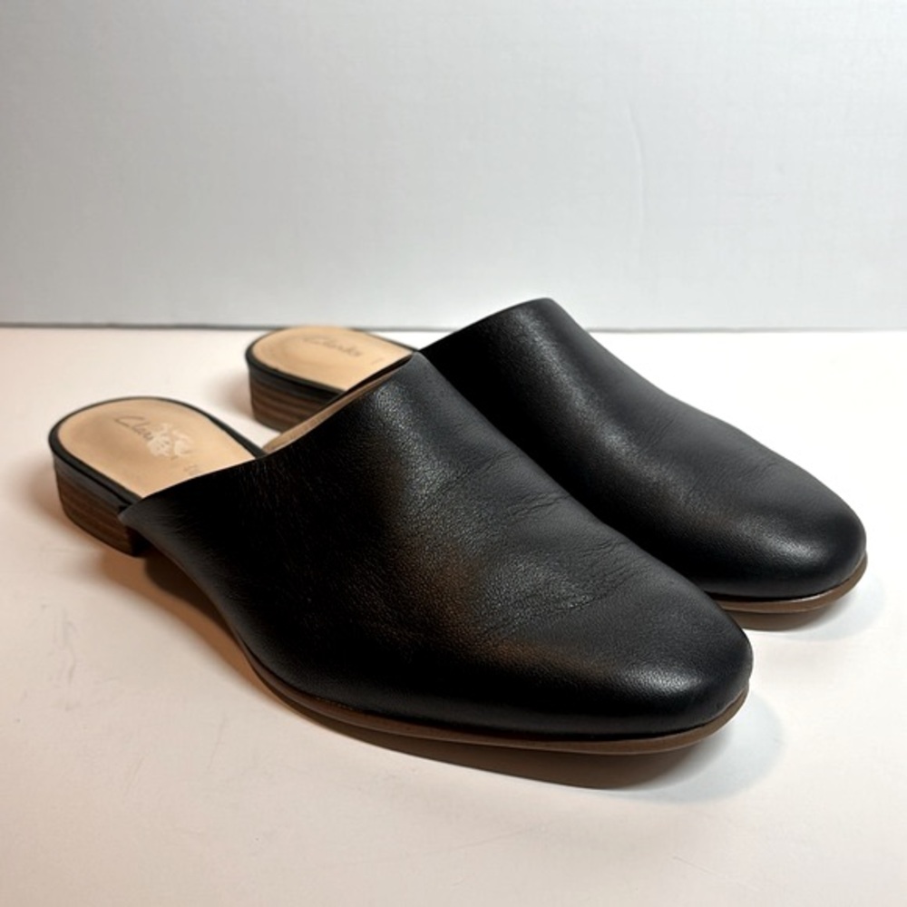 Clarks Black Leather Slip-On Mules